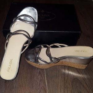 Prada Silver Cork Wedge Sandal